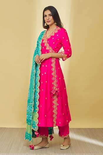 Buy_Surbhi Shah_Pink Silk, Gingham Beads, Gota Patti, Angarkha Set With Bandhej Print Dupatta _Online_at_Aza_Fashions