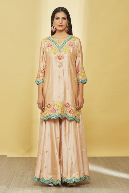 Surbhi Shah_Beige Silk, Organza Sequins, Applique, Gota Patti, Hand Kurta Sharara Set _Online_at_Aza_Fashions