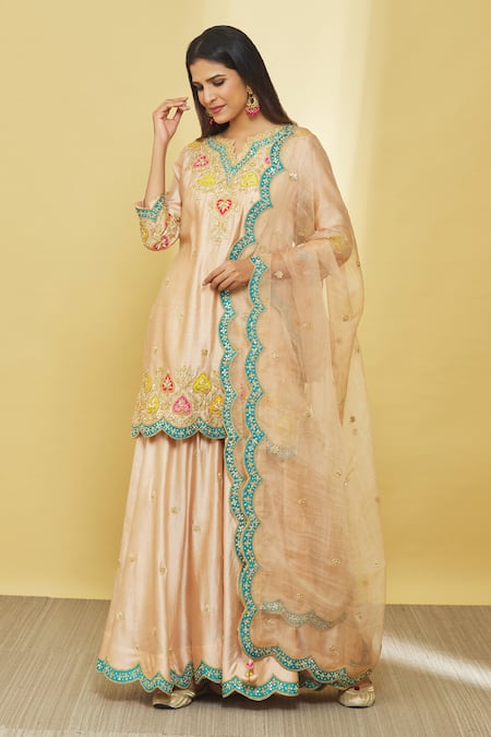 Buy_Surbhi Shah_Beige Silk, Organza Sequins, Applique, Gota Patti, Hand Kurta Sharara Set _Online_at_Aza_Fashions