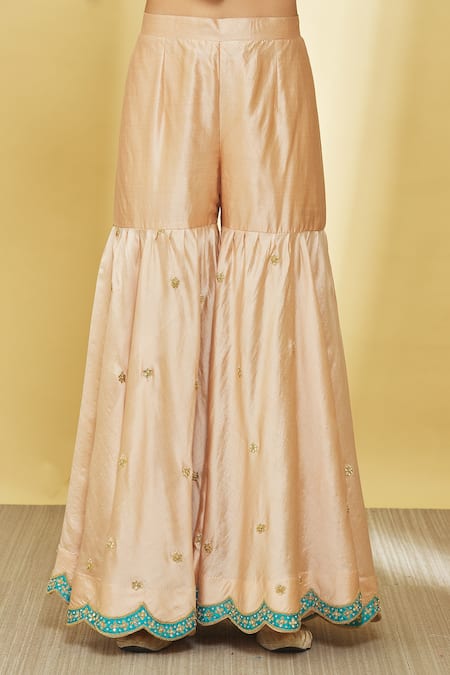 Surbhi Shah_Beige Silk, Organza Sequins, Applique, Gota Patti, Hand Kurta Sharara Set _at_Aza_Fashions