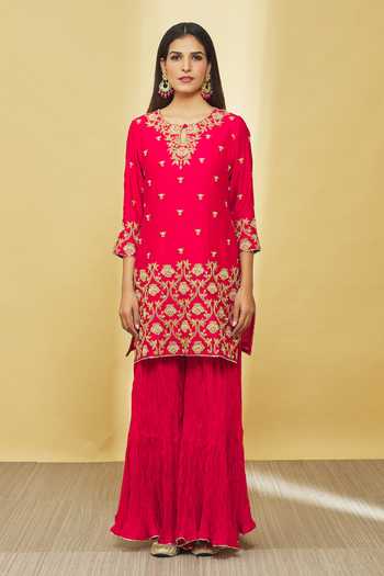 Surbhi Shah_Red Chanderi, Organza Embroidery, Sequins Keyhole Kurta Crinkled Sharara Set _Online_at_Aza_Fashions