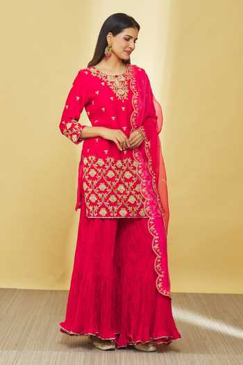Buy_Surbhi Shah_Red Chanderi, Organza Embroidery, Sequins Keyhole Kurta Crinkled Sharara Set _Online_at_Aza_Fashions
