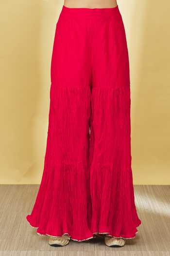 Surbhi Shah_Red Chanderi, Organza Embroidery, Sequins Keyhole Kurta Crinkled Sharara Set _at_Aza_Fashions