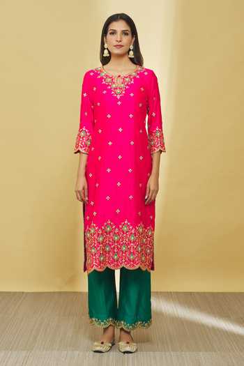 Surbhi Shah_Pink Silk, Organza Beads, Embroidery, Tassels Keyhole Floral Dori Kurta Set _Online_at_Aza_Fashions