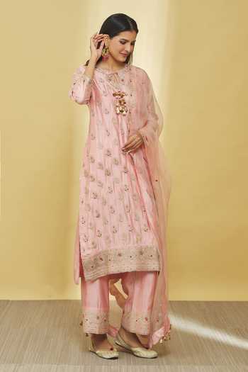 Buy_Surbhi Shah_Pink Silk, Organza Sequins, Beads, Embroidery, Tassels Dori Kurta Pant Set _Online_at_Aza_Fashions