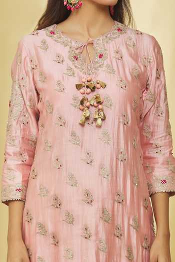 Shop_Surbhi Shah_Pink Silk, Organza Sequins, Beads, Embroidery, Tassels Dori Kurta Pant Set _Online_at_Aza_Fashions