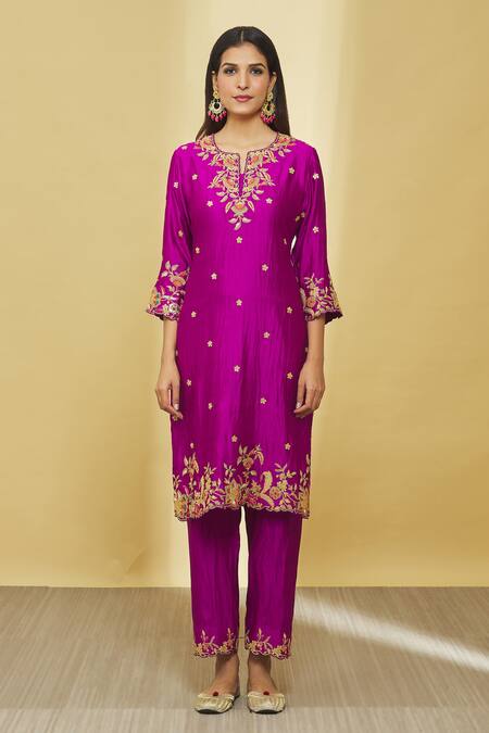 Surbhi Shah_Magenta Pure Spun Silk Hand Embroidered Dori Notched Floral Kurta Pant Set_Online_at_Aza_Fashions