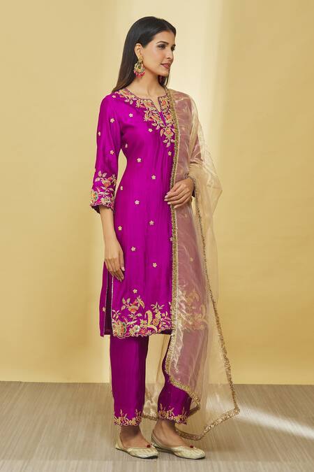 Buy_Surbhi Shah_Magenta Pure Spun Silk Hand Embroidered Dori Notched Floral Kurta Pant Set_Online_at_Aza_Fashions