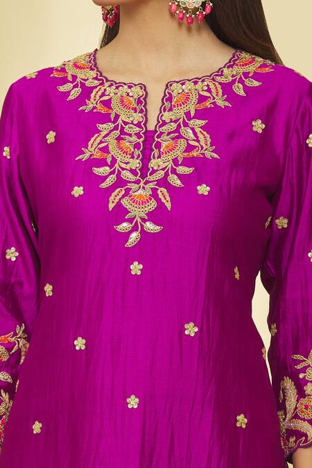 Shop_Surbhi Shah_Magenta Pure Spun Silk Hand Embroidered Dori Notched Floral Kurta Pant Set_Online_at_Aza_Fashions