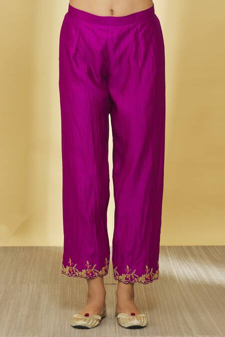 Surbhi Shah_Magenta Pure Spun Silk Hand Embroidered Dori Notched Floral Kurta Pant Set_at_Aza_Fashions