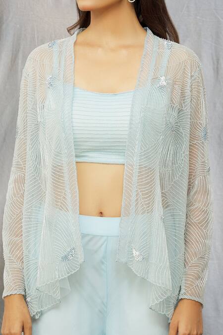 Shlok Design_Blue Net Embroidered Cutdana Square Neck Jacket And Flared Pant Set _Online_at_Aza_Fashions