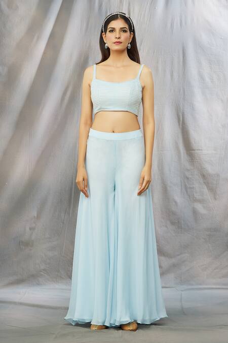 Buy_Shlok Design_Blue Net Embroidered Cutdana Square Neck Jacket And Flared Pant Set _Online_at_Aza_Fashions