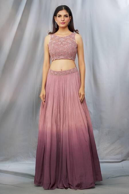 Shlok Design_Brown Chiffon Embroidered Floral Round Ombre Lehenga Set_Online_at_Aza_Fashions