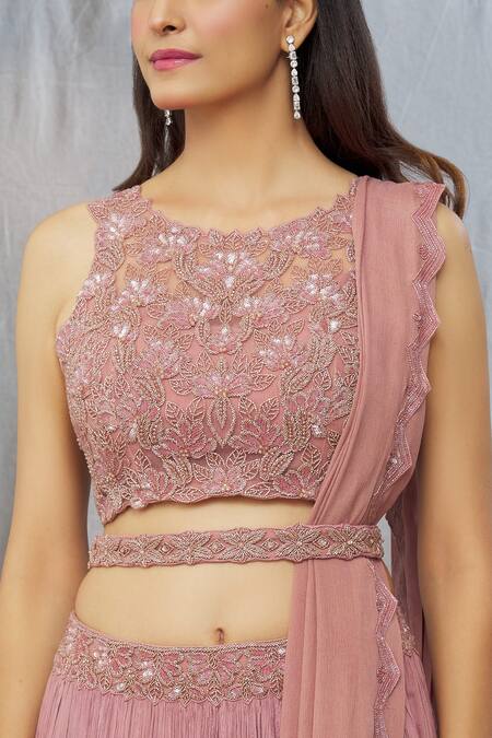 Shop_Shlok Design_Brown Chiffon Embroidered Floral Round Ombre Lehenga Set_Online_at_Aza_Fashions