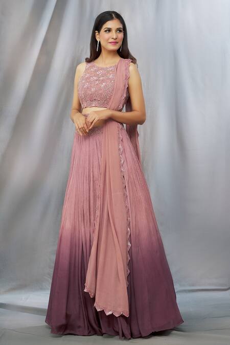 Shlok Design_Brown Chiffon Embroidered Floral Round Ombre Lehenga Set_at_Aza_Fashions