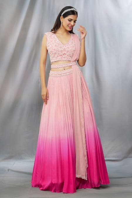 Shlok Design_Peach Chiffon Embroidered Floral V Neck Ombre Lehenga Set_at_Aza_Fashions