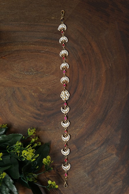 Shop Namasya Gold Pearls Kundan Stone Sheeshphool at Aza Fashions Shop_Namasya_Gold Pearls Kundan Stone Sheeshphool _at_Aza_Fashions