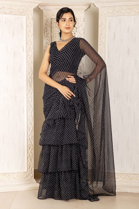 Inara Jaipur Black Georgette Leheriya Printed Pre-draped Ruffle Saree With Blouse 