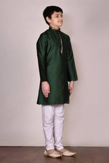 Petite Pomme_Green Silk Embroidery Textured Kurta With Churidar_Online_at_Aza_Fashions