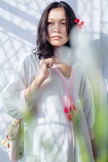 Nikasha_White Cotton V Neck Tasselled Dress _Online_at_Aza_Fashions