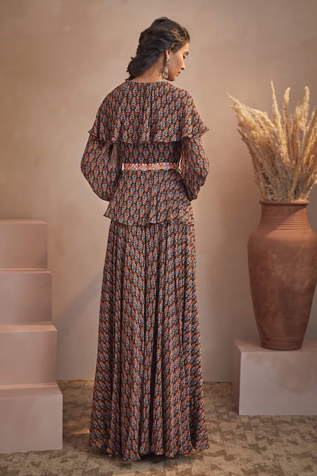 Shop Aneesh Agarwaal Black Georgette Abstract Print, Mirror And Thread Round Top & Sharara Set at Aza Fashions Shop_Aneesh Agarwaal_Black Georgette Abstract Print, Mirror And Thread Round Top & Sharara Set _at_Aza_Fashions