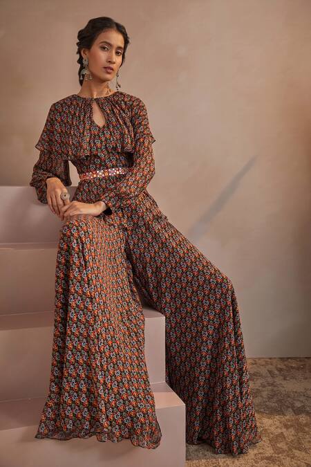 Aneesh Agarwaal Black Georgette Abstract Print, Mirror And Thread Round Top & Sharara Set Online at Aza Fashions Aneesh Agarwaal_Black Georgette Abstract Print, Mirror And Thread Round Top & Sharara Set _Online_at_Aza_Fashions