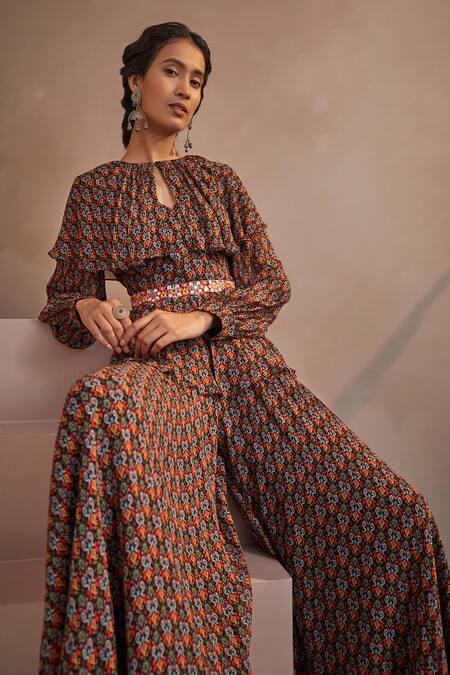 Buy Aneesh Agarwaal Black Georgette Abstract Print, Mirror And Thread Round Top & Sharara Set Online at Aza Fashions Buy_Aneesh Agarwaal_Black Georgette Abstract Print, Mirror And Thread Round Top & Sharara Set _Online_at_Aza_Fashions