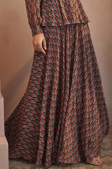 Shop Aneesh Agarwaal Black Georgette Abstract Print, Mirror And Thread Round Top & Sharara Set Online at Aza Fashions Shop_Aneesh Agarwaal_Black Georgette Abstract Print, Mirror And Thread Round Top & Sharara Set _Online_at_Aza_Fashions