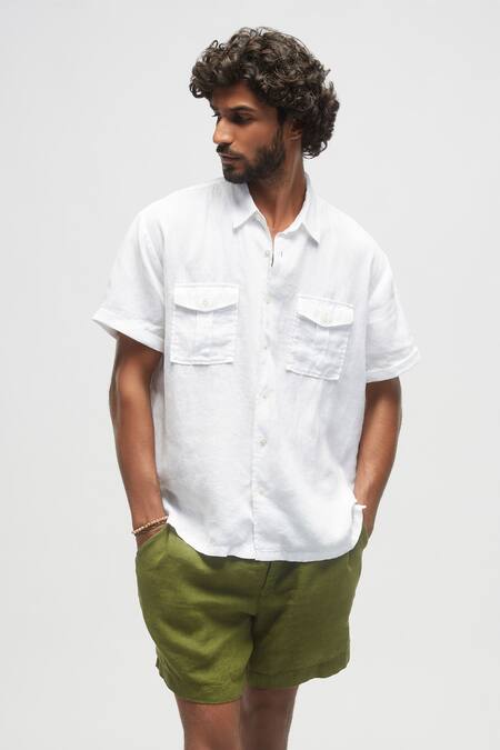 Terra Luna White 100% Linen Plain Bellando Shirt Online at Aza Fashions Terra Luna_White 100% Linen Plain Bellando Shirt _Online_at_Aza_Fashions