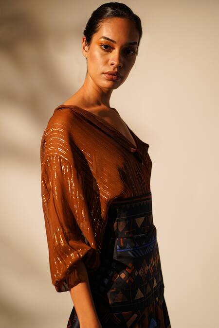 Nikita Mhaisalkar_Orange Lurex, Georgette Collared Striped Shirt _Online_at_Aza_Fashions