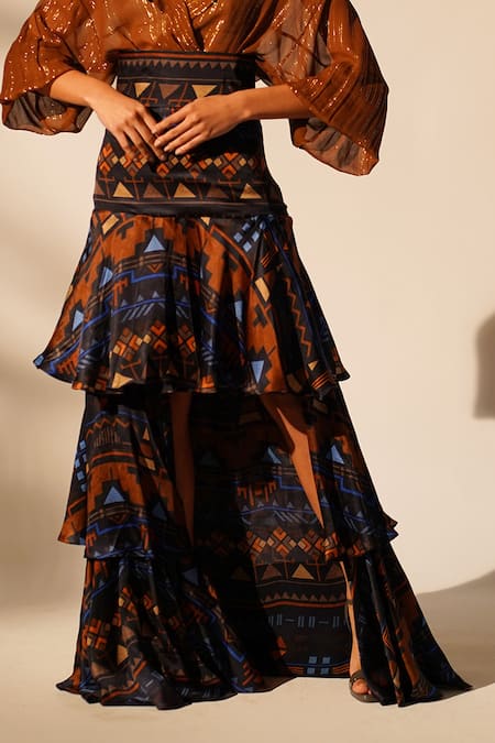 Buy_Nikita Mhaisalkar_Blue Cotton Satin High Waisted Aztec Print Skirt _Online_at_Aza_Fashions