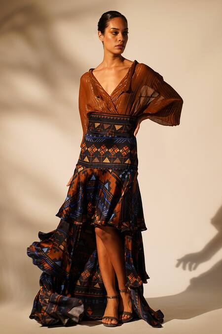 Buy_Nikita Mhaisalkar_Orange Lurex, Georgette Collared Striped Shirt _Online_at_Aza_Fashions