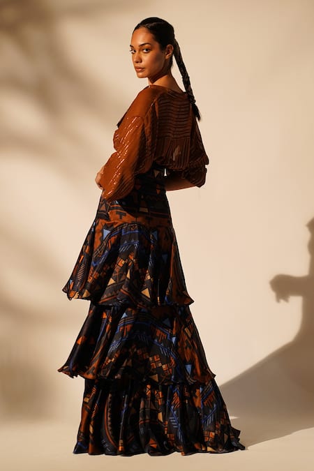 Shop_Nikita Mhaisalkar_Blue Cotton Satin High Waisted Aztec Print Skirt _Online_at_Aza_Fashions