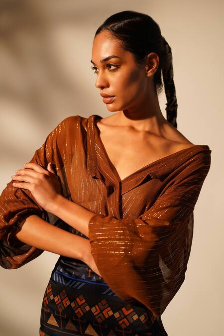 Shop_Nikita Mhaisalkar_Orange Lurex, Georgette Collared Striped Shirt _Online_at_Aza_Fashions