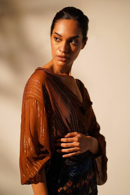 Nikita Mhaisalkar_Orange Lurex, Georgette Collared Striped Shirt _at_Aza_Fashions