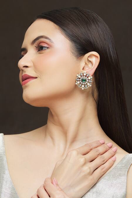 Buy Ivorine Gold Plated Embroidery, Cut Work Stone Embellished Studs Online at Aza Fashions Buy_Ivorine_Gold Plated Embroidery, Cut Work Stone Embellished Studs _Online_at_Aza_Fashions