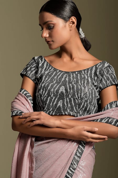 Buy_Two Sisters By Gyans_Pink Blouse Georgette, Saree Satin Sequin And Swarovski Stones Embroidered With_Online_at_Aza_Fashions