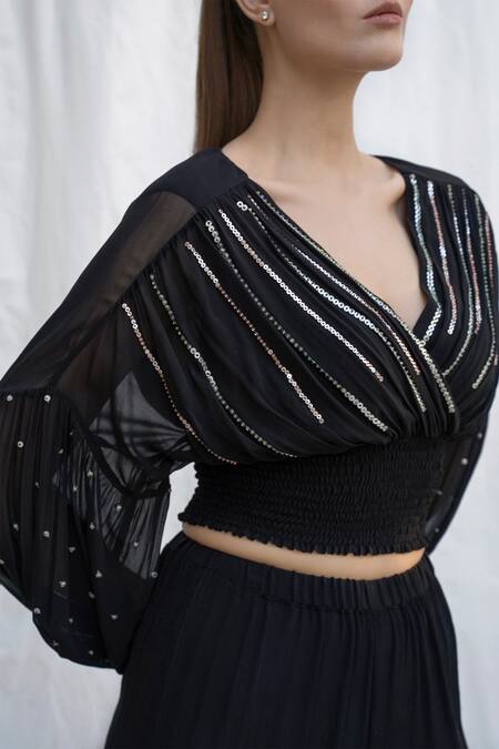 Shop Amrta By Guneet Kondal Black Viscose Sequins V-neck Riviera Embroidered Top And Pant Set Online at Aza Fashions Shop_Amrta By Guneet Kondal_Black Viscose Sequins V-neck Riviera Embroidered Top And Pant Set _Online_at_Aza_Fashions