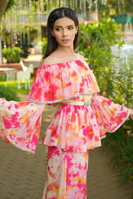 Disha Kahai Multi Color Crepe Mirrors, Smocking Tie-dye Pattern Top And Palazzo Set Online at Aza Fashions Disha Kahai_Multi Color Crepe Mirrors, Smocking Tie-dye Pattern Top And Palazzo Set_Online_at_Aza_Fashions