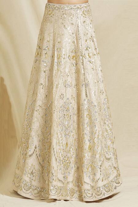 Shlok Design_Off White Dupion Silk Embellished Crystal V Neck Sona Chandi Sequin Lehenga Set_at_Aza_Fashions