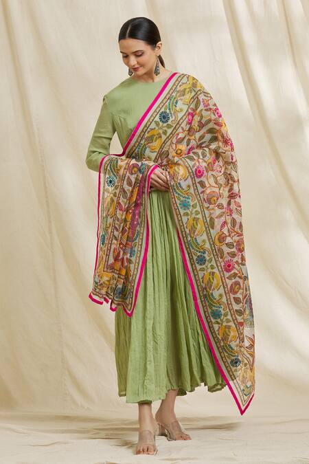 Shop_Adara Khan_Off White Chanderi Figurine Pattern Phulkari Dupatta_Online_at_Aza_Fashions