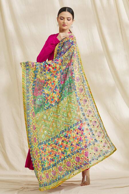 Adara Khan_Multi Color Chiffon Printed And Mirror Work Phulkari Dupatta_Online_at_Aza_Fashions