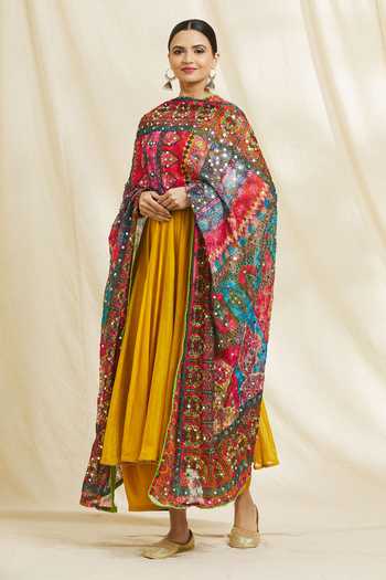 Adara Khan_Multi Color Chiffon Mughal Print And Mirror Work Phulkari Dupatta_Online_at_Aza_Fashions