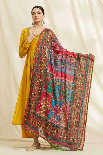 Buy_Adara Khan_Multi Color Chiffon Mughal Print And Mirror Work Phulkari Dupatta_Online_at_Aza_Fashions