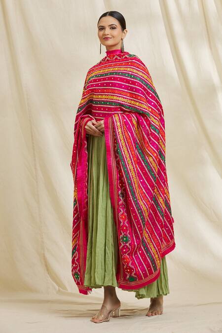 Shop_Adara Khan_Pink Satin Silk Geometric Phulkari Work Dupatta_Online_at_Aza_Fashions