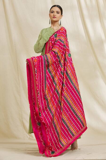 Adara Khan_Pink Satin Silk Geometric Phulkari Work Dupatta_Online_at_Aza_Fashions