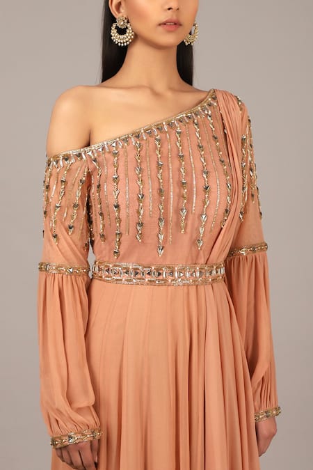 Buy Nidhika Shekhar Pink Silk, Net, Georgette Asymmetric Embroidered One Shoulder Anarkali Gown Online at Aza Fashions Buy_Nidhika Shekhar_Pink Silk, Net, Georgette Asymmetric Embroidered One Shoulder Anarkali Gown _Online_at_Aza_Fashions
