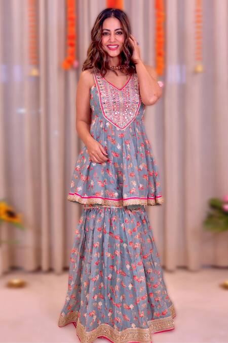 Shop_Gopi Vaid_Blue Gharara Georgette, Peplum And Dupatta Organza Floral & Gota Print Set _at_Aza_Fashions