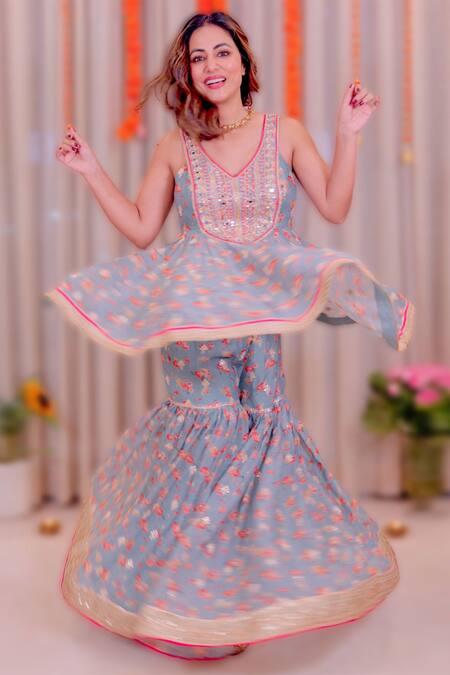Gopi Vaid_Blue Gharara Georgette, Peplum And Dupatta Organza Floral & Gota Print Set _Online_at_Aza_Fashions