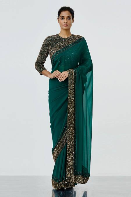 Nakul Sen Green Chiffon Sequin Embellished Saree With Blouse